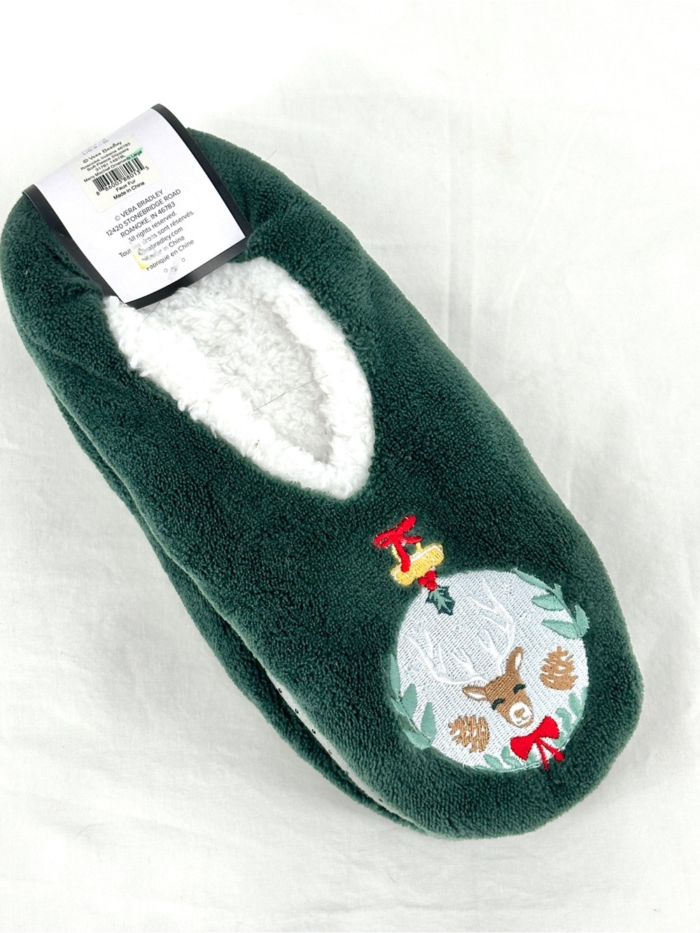 Vera Bradley Medium Size 8 Forest Green Holiday Deer Plush Slipper NWT